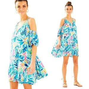 Lilly Pulitzer Bellamie Cold Shoulder Serene Blue Tippy Top Swing Dress XS RARE